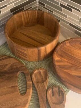 SOLID WOOD Salad Bowl & Serving Set. NEW!! Bowl/utensils/plate/tray. 10" etc.